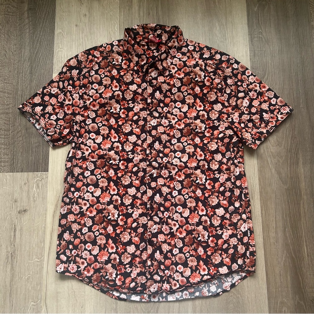 Floral Men's Shirt - Black and Peach